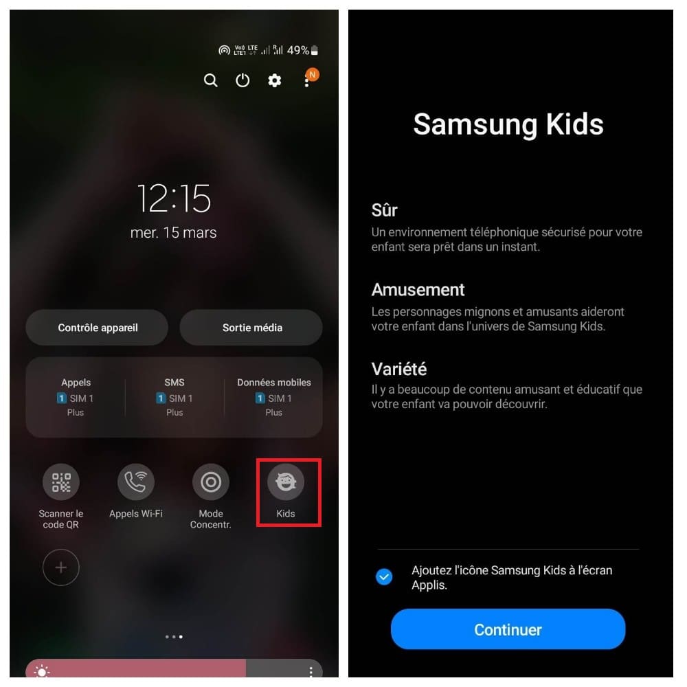 deux captures d'écran de votre téléphone montrant comment activer Samsung Kids