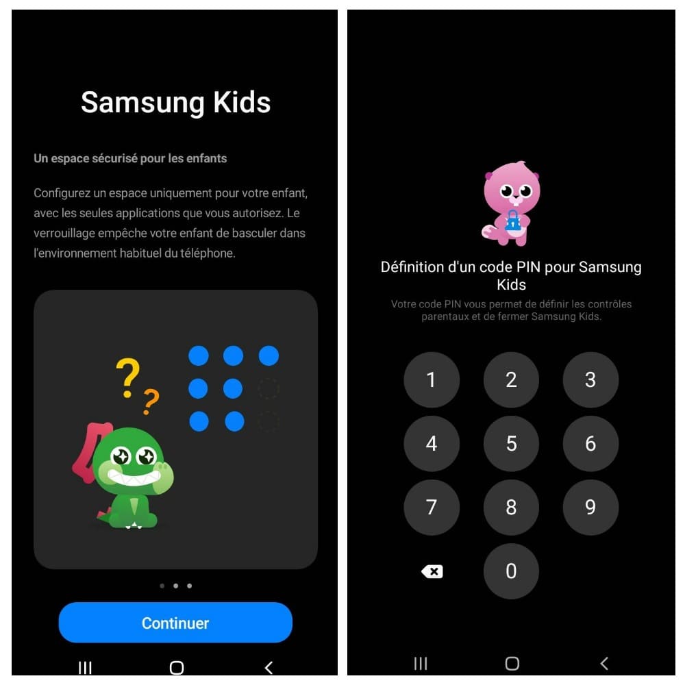 captures d'écran de la recherche et du réglage du code pin dans l'application Samsung Kids