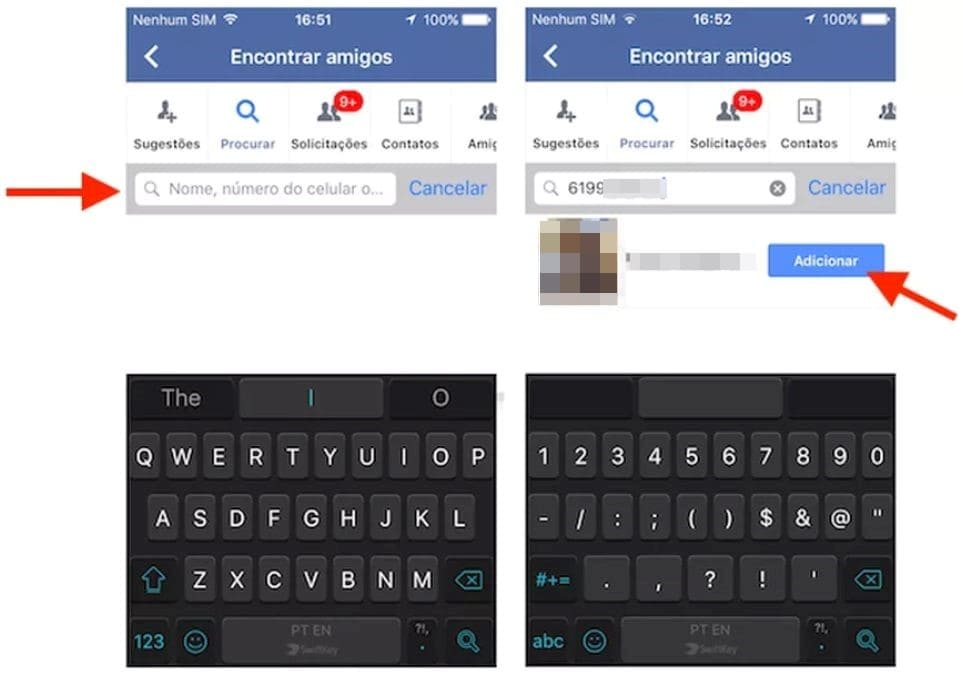 Deux captures d'écran d'une recherche de numéro de téléphone sur les médias sociaux