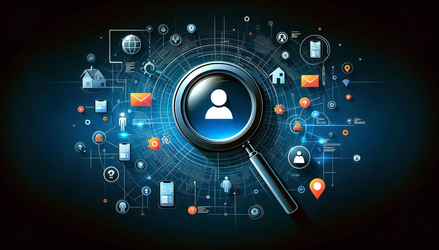 Illustration d'une loupe sur une carte numérique, entourée d'icônes représentant une personne, une maison, un téléphone et un courriel, symbolisant le processus de recherche de l'adresse d'une personne à l'aide de divers outils de recherche.