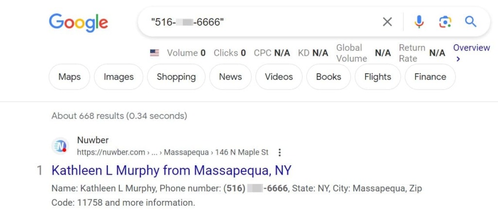 Recherche d'un numéro de téléphone sur Google