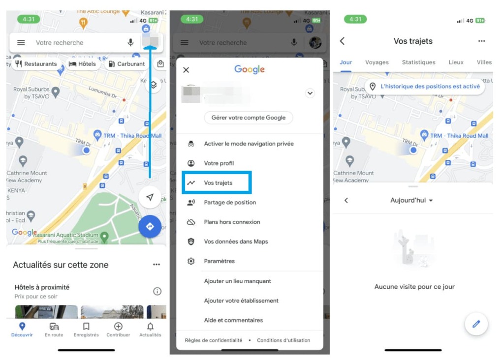 Captures d'écran de la localisation de votre enfant sur Google Maps et des paramètres du compte