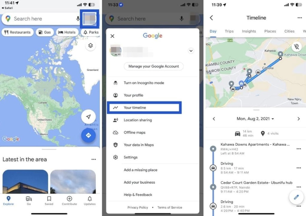 Etapes de la capture d'écran pour retrouver l'emplacement d'un iPhone perdu sur Google Maps