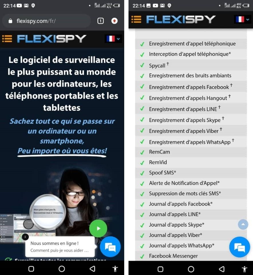 Deux captures d'écran de l'utilisation du logiciel de traçage flexispy
