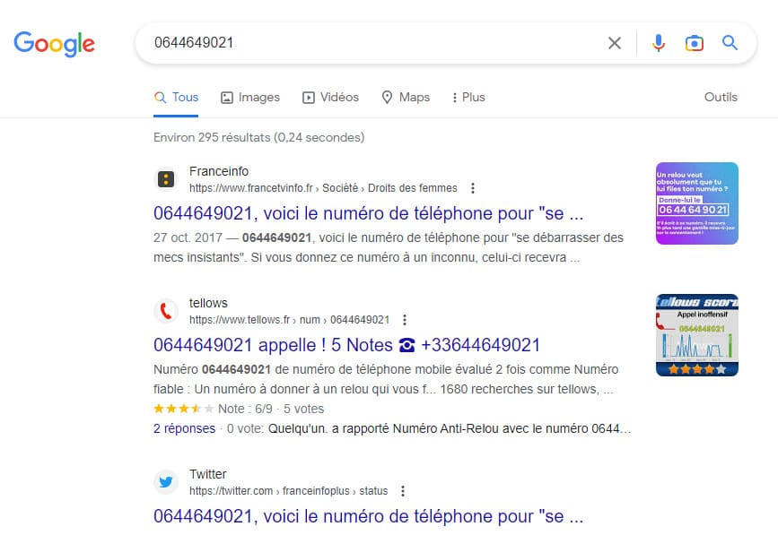 Recherche d'un numéro non enregistré sur Google