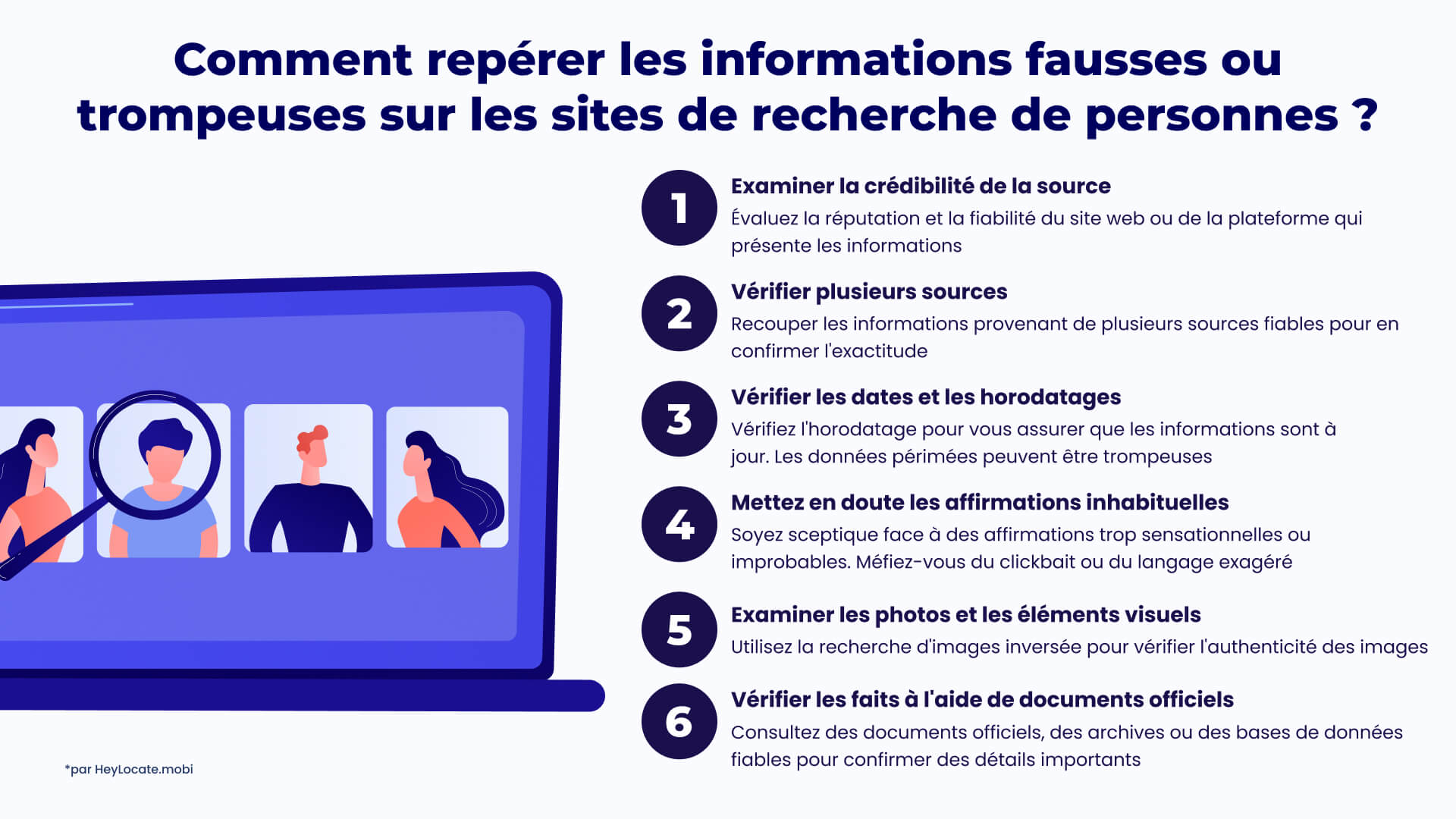 Conseils pour repérer les informations fausses ou trompeuses lors de recherches de personnes sur les sites Web - HeyLocate Infographics