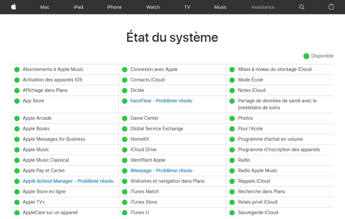 Page d'état du système Apple