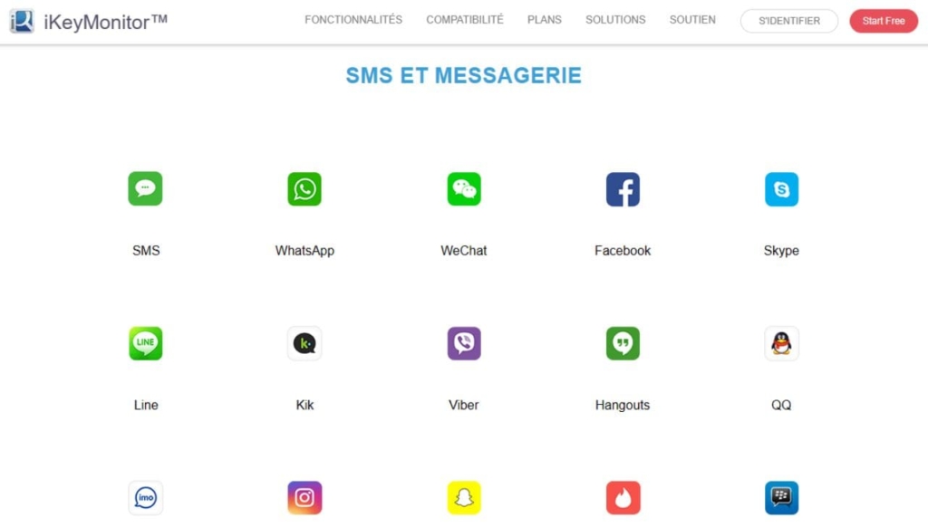 Capture d'écran des fonctionnalités iKeymonitor avec enregistreur de frappe des services de messagerie et SMS