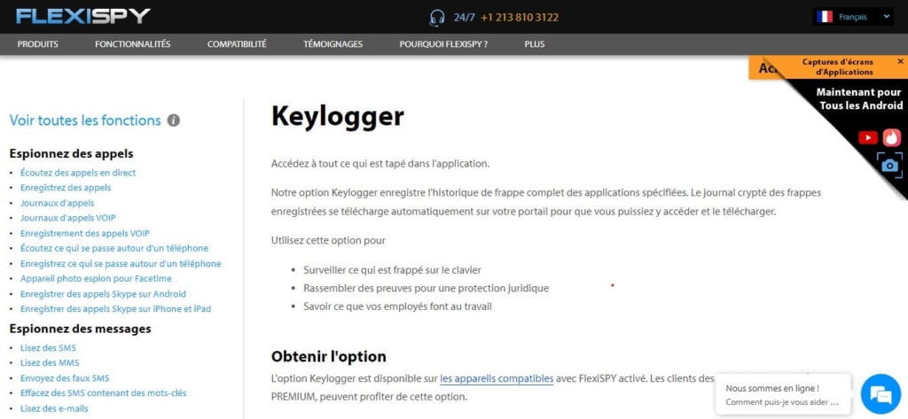 Une page web de FlexiSPY décrivant l’utilité, les missions et les conditions d’obtention de son option Keylogger