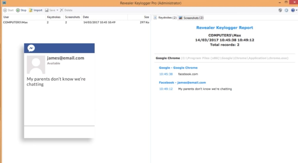 Capture d'écran du rapport de Revealer Keylogger avec la lettre de l'email de contrôle