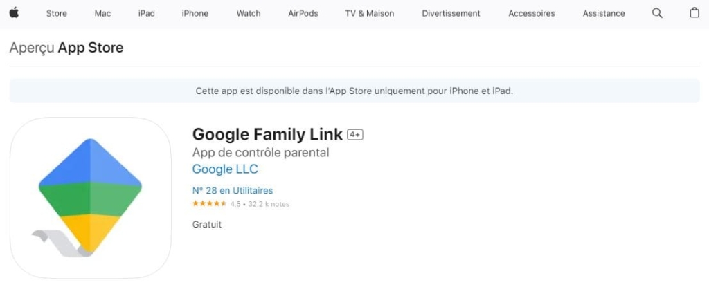 La page de téléchargement de l'application Google Family Link