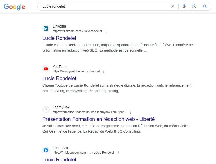 recherche Google de comptes de réseaux sociaux pour Lucie Rondelet LinkedIn, Youtube, Facebook