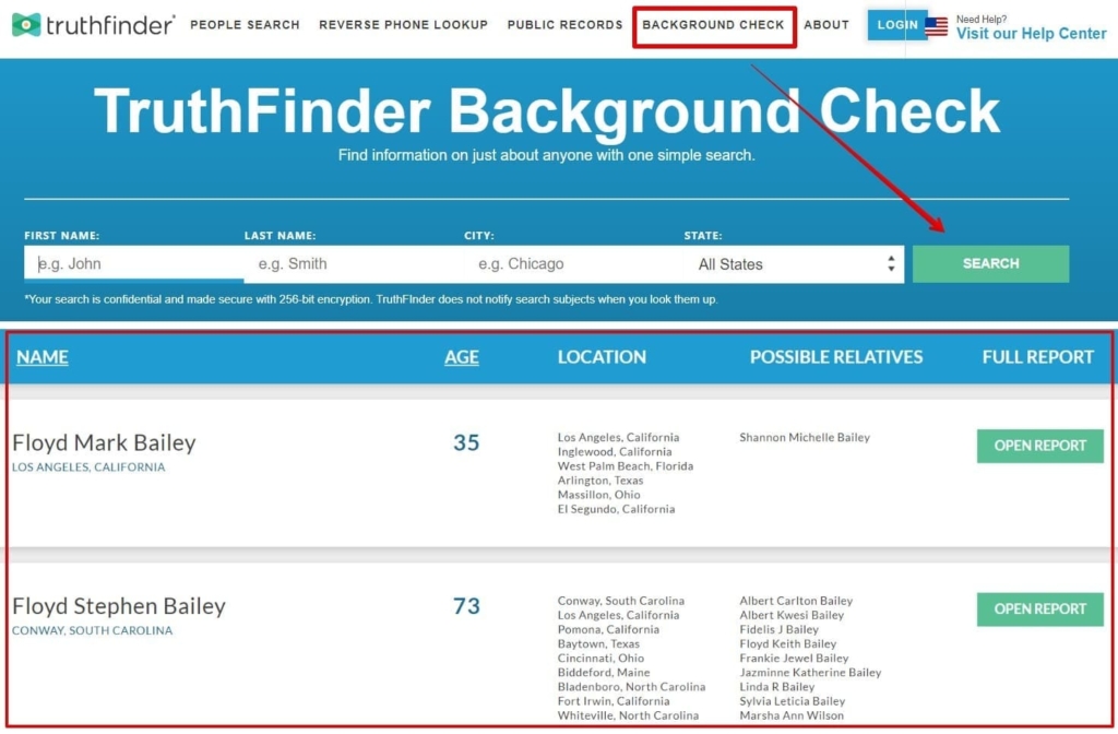 what you get after clicking on background check on Truthfinder