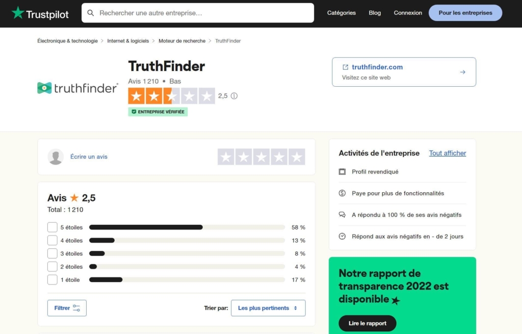 Les évaluations de Truthfinder sur Trustpilot