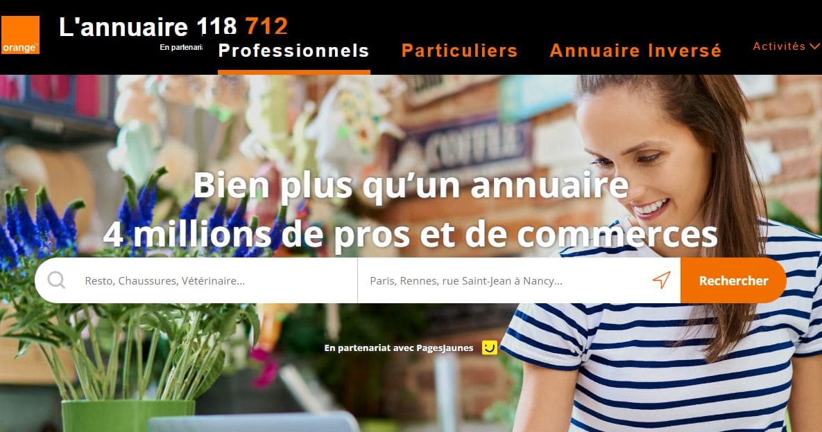 Page d'accueil de 118712.fr avec menu et barre de recherche