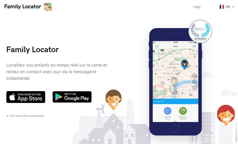 Family Locator vue du site avec des boutons pour les applications mobiles