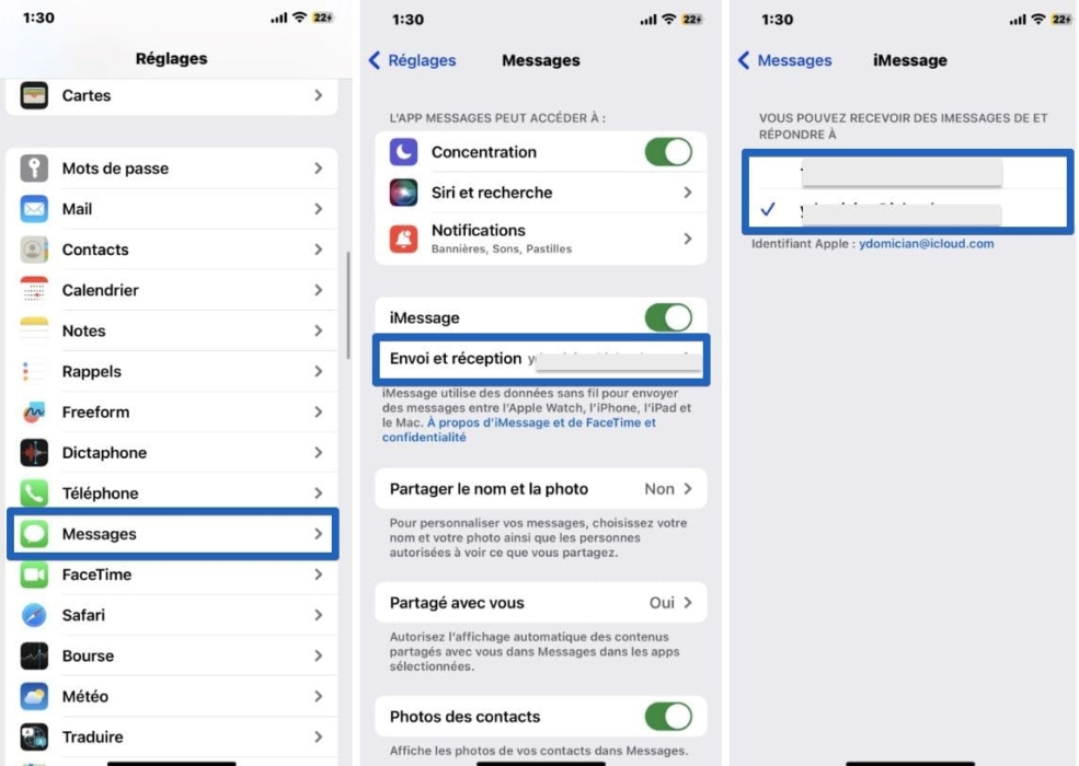 Captures d'écran de la manière dont les réglages de l'iPhone permettent d'activer le transfert des messages