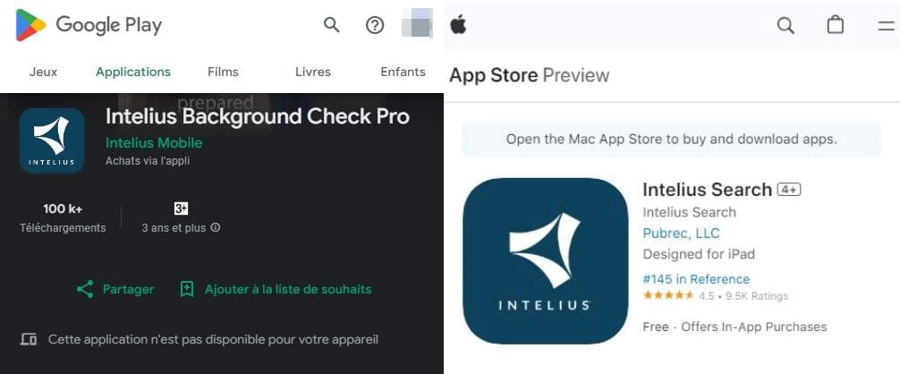 Deux captures d'écran d'Intelius dans les applications Google Play Store et Apple Store