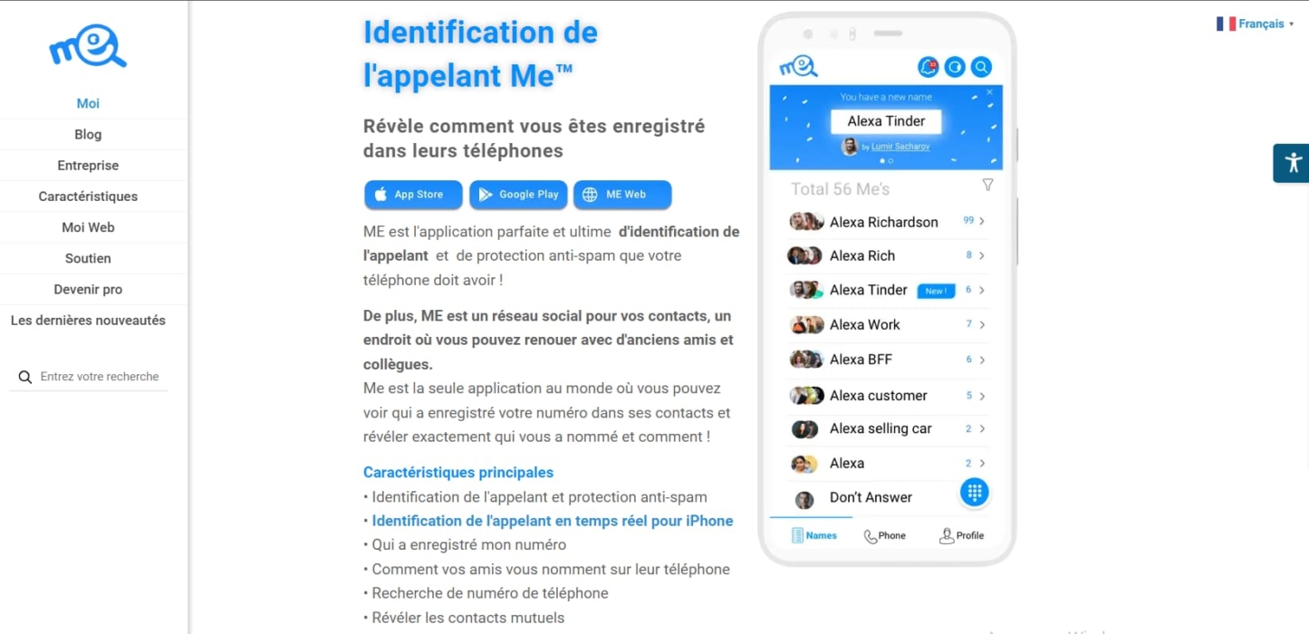 une capture d'écran de la page principale de l'application Me pour l'identification des abonnés et la protection contre le spam