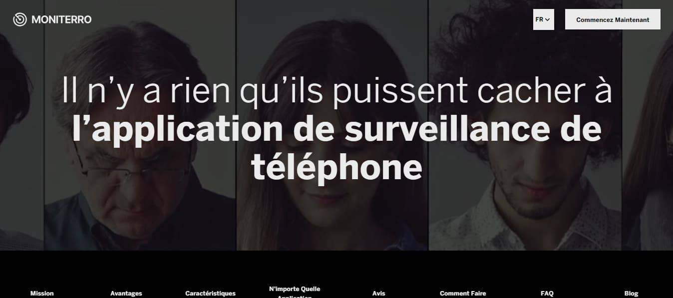 Page d'accueil de l'application de surveillance téléphonique confidentielle Moniterro avec une image de personnes tapant quelque chose sur leur téléphone