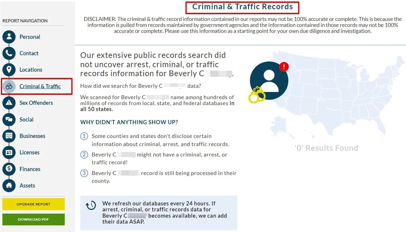 Intelius Criminal Traffic Records résultat du test de la personne recherchée
