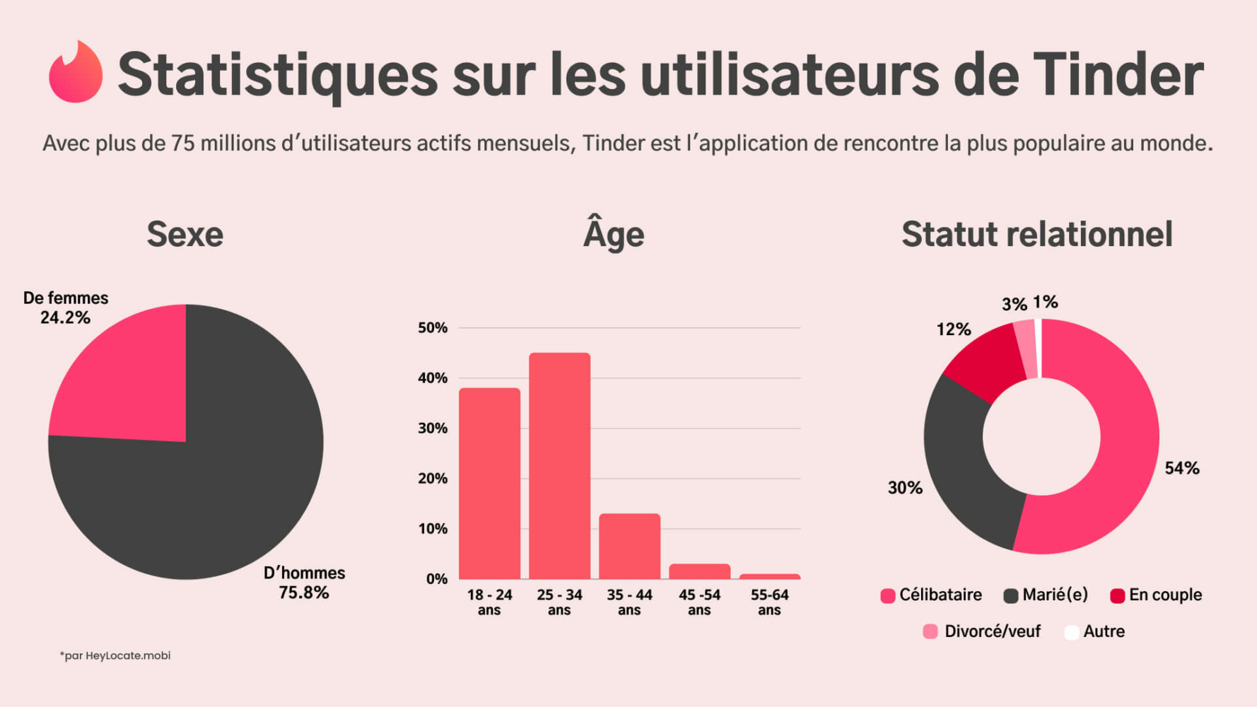 Diagramme et graphique des statistiques des utilisateurs de Tinder par sexe, âge et statut de la relation.
