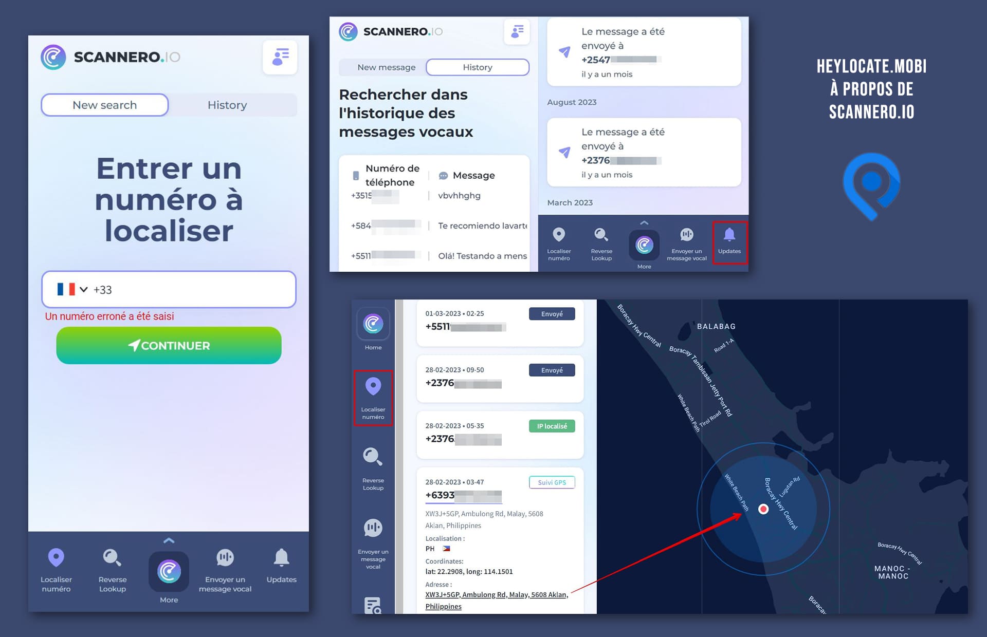 Saisir le numéro de téléphone, envoyer un SMS et voir l'emplacement du numéro sur la carte et suivre l'historique des changements