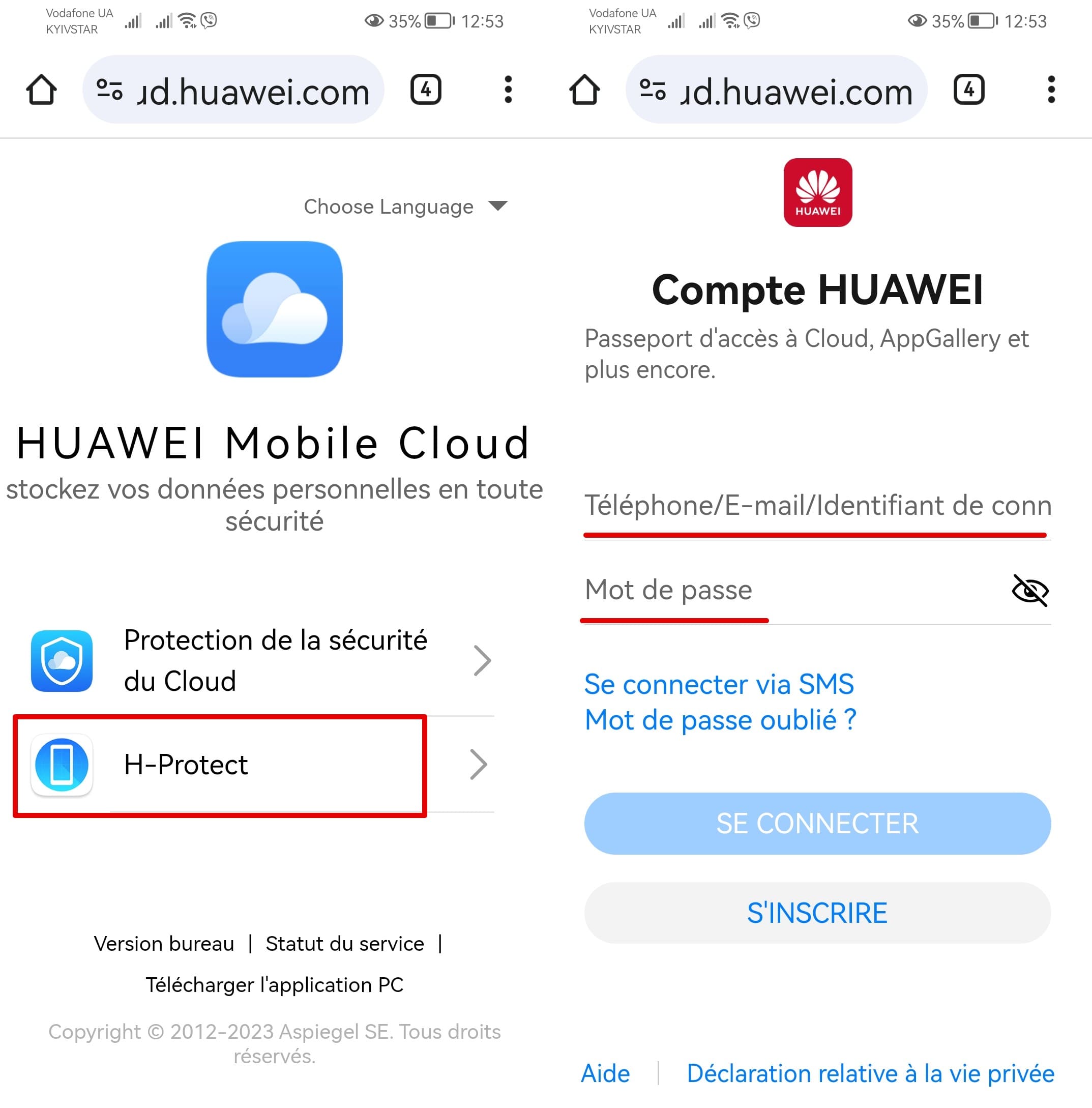 Captures d'écran de la page Huawei Mobile Cloud et du compte Huawei avec les champs de connexion et de mot de passe