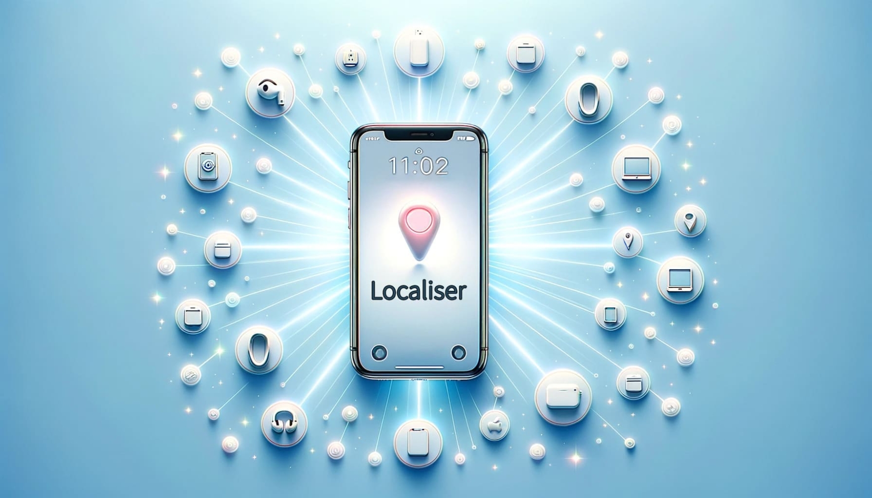 Un iPhone avec l'interface "Find My" relié par des rayons radiants à des icônes d'autres appareils Apple sur un fond bleu clair