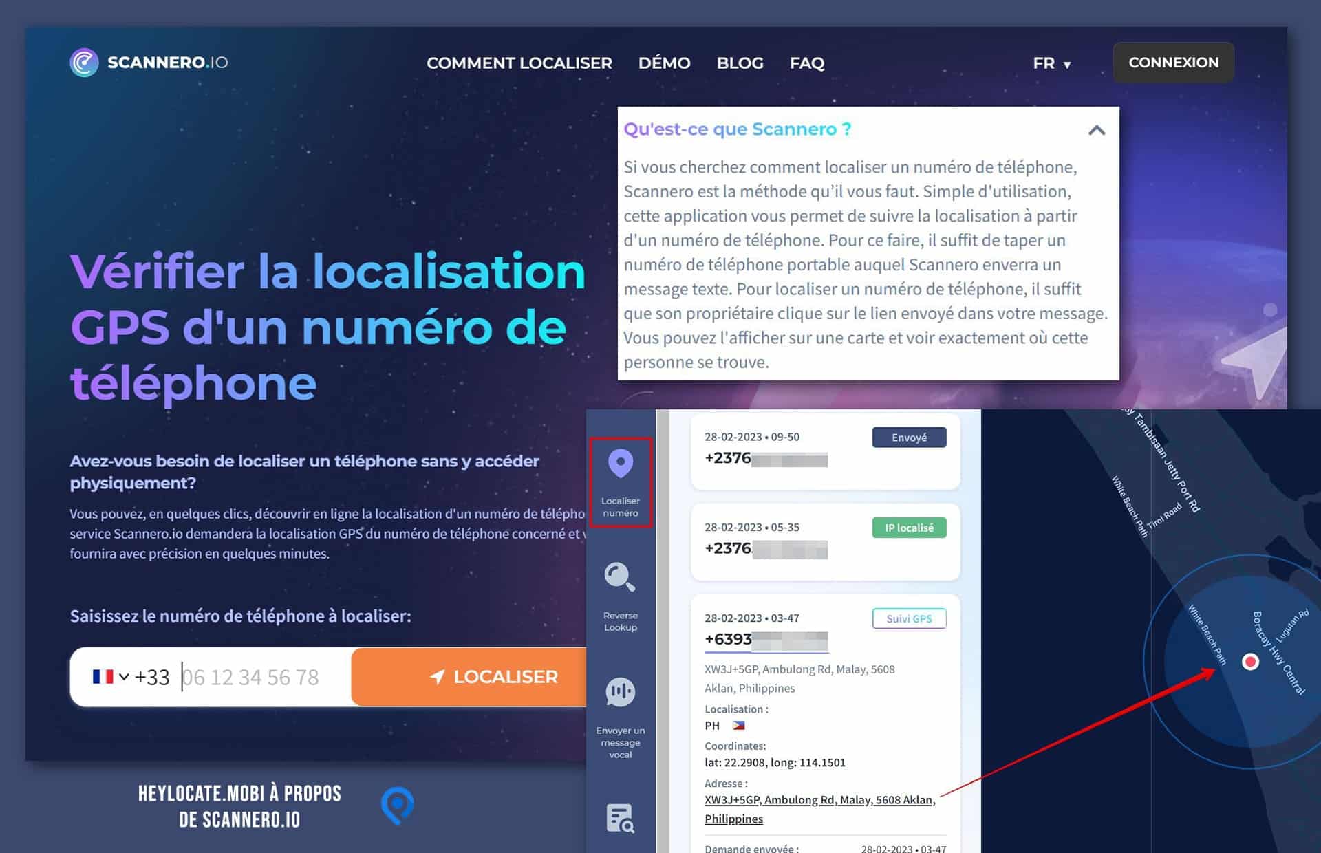 Page d'accueil du site scannero avec un exemple de localisation de numéro