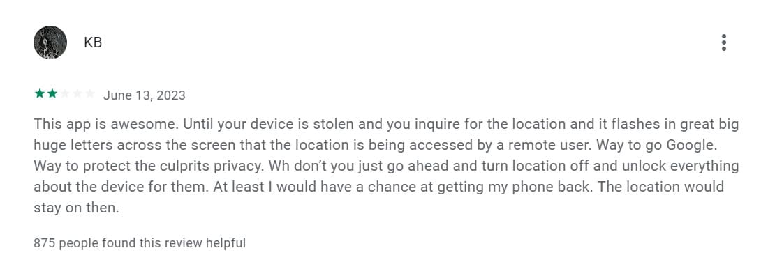 Image d'un commentaire négatif d'un client sur Find My Device