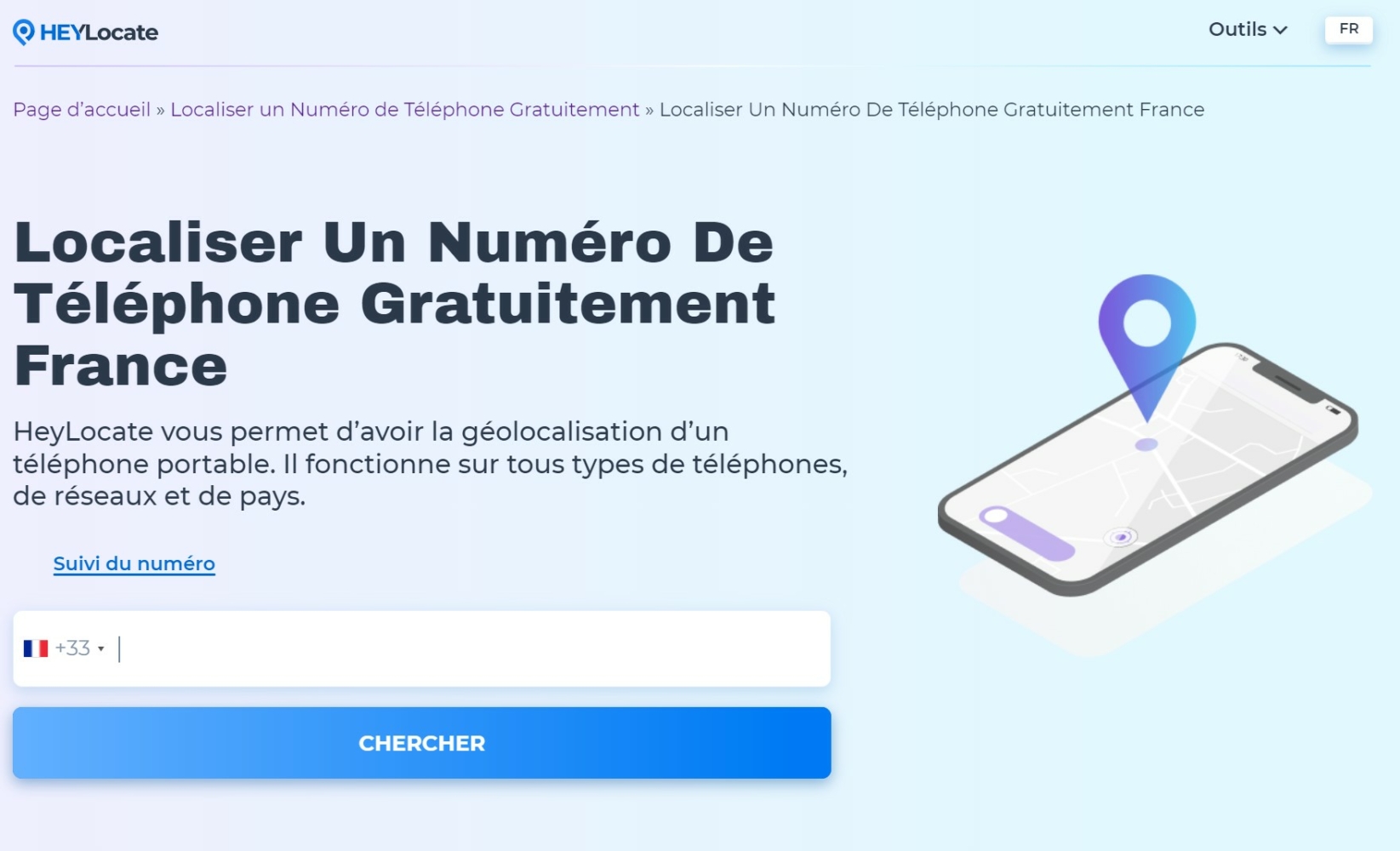 Formulaire HeyLocate pour localiser un numéro de téléphone au France