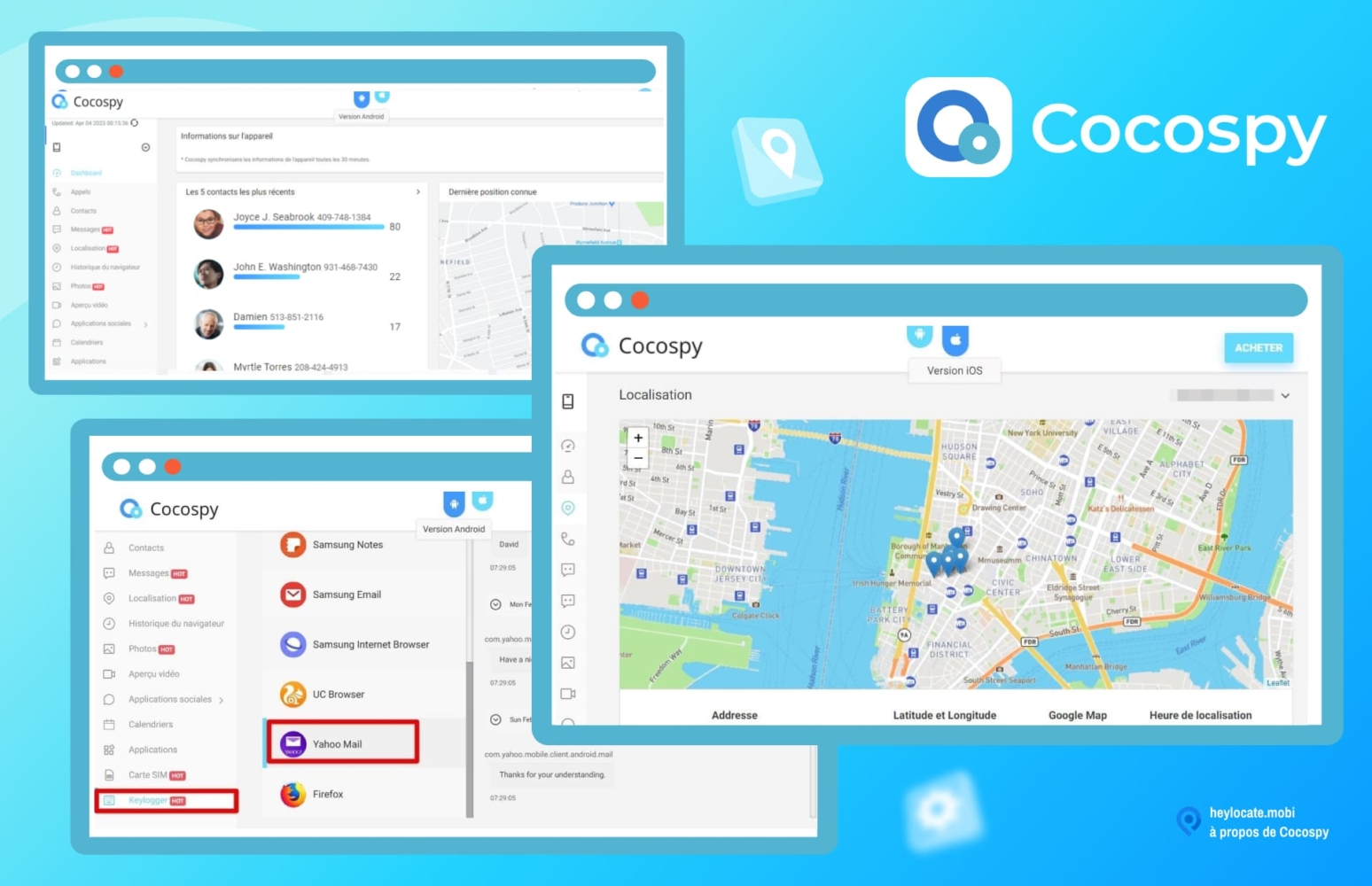 Un collage présentant diverses captures d'écran de l'interface de l'application Cocospy. Les images comprennent différents panneaux tels qu'un tableau de bord, une fonction de localisation sur une carte et les chats WhatsApp les plus utilisés.