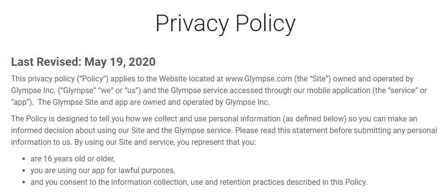 Vue de la page des termes et conditions de la politique de confidentialité de Glympse