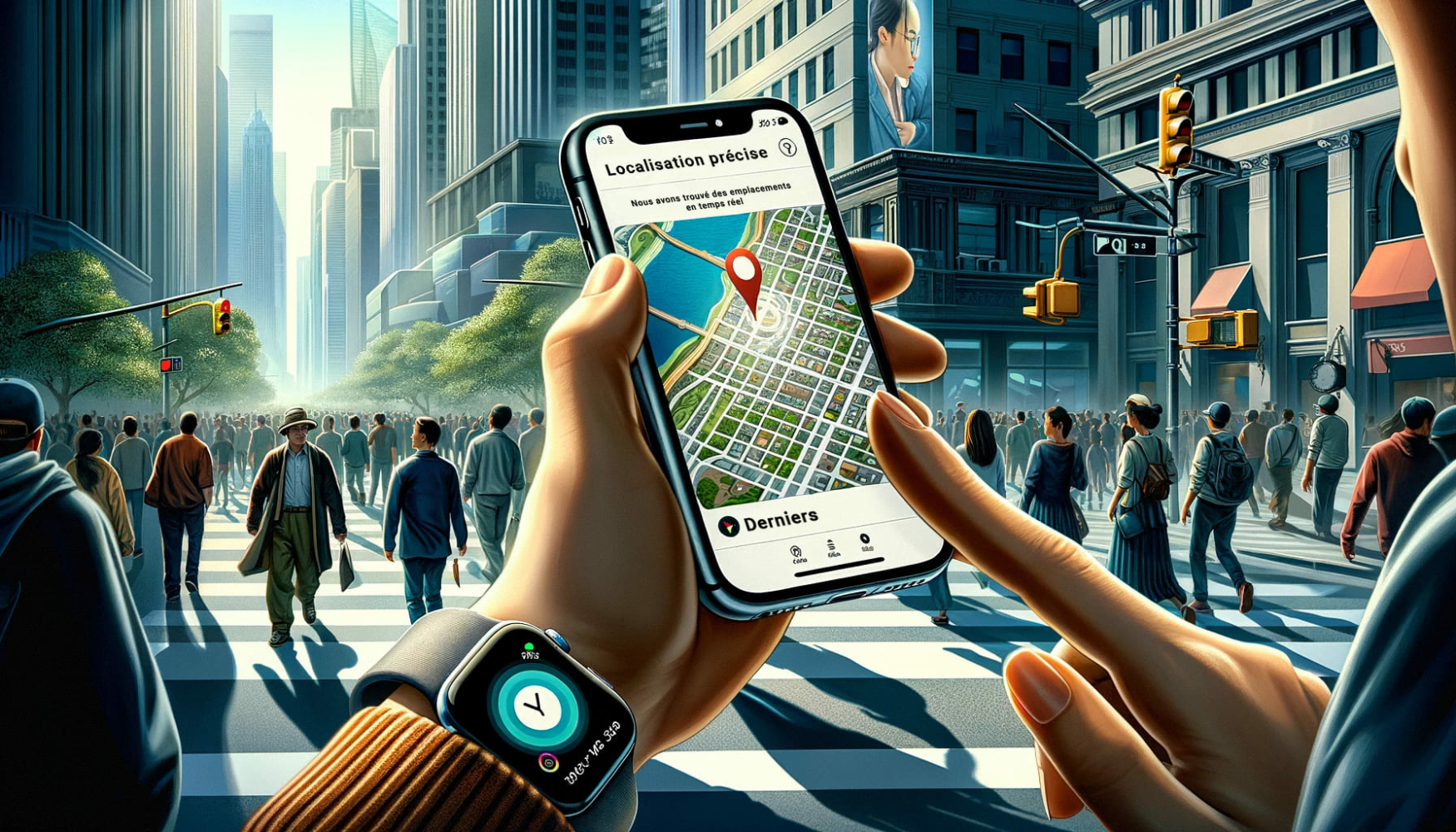 un homme dans une ville parmi de nombreuses personnes tient un iphone sur lequel est affichée une carte avec une icône de localisation