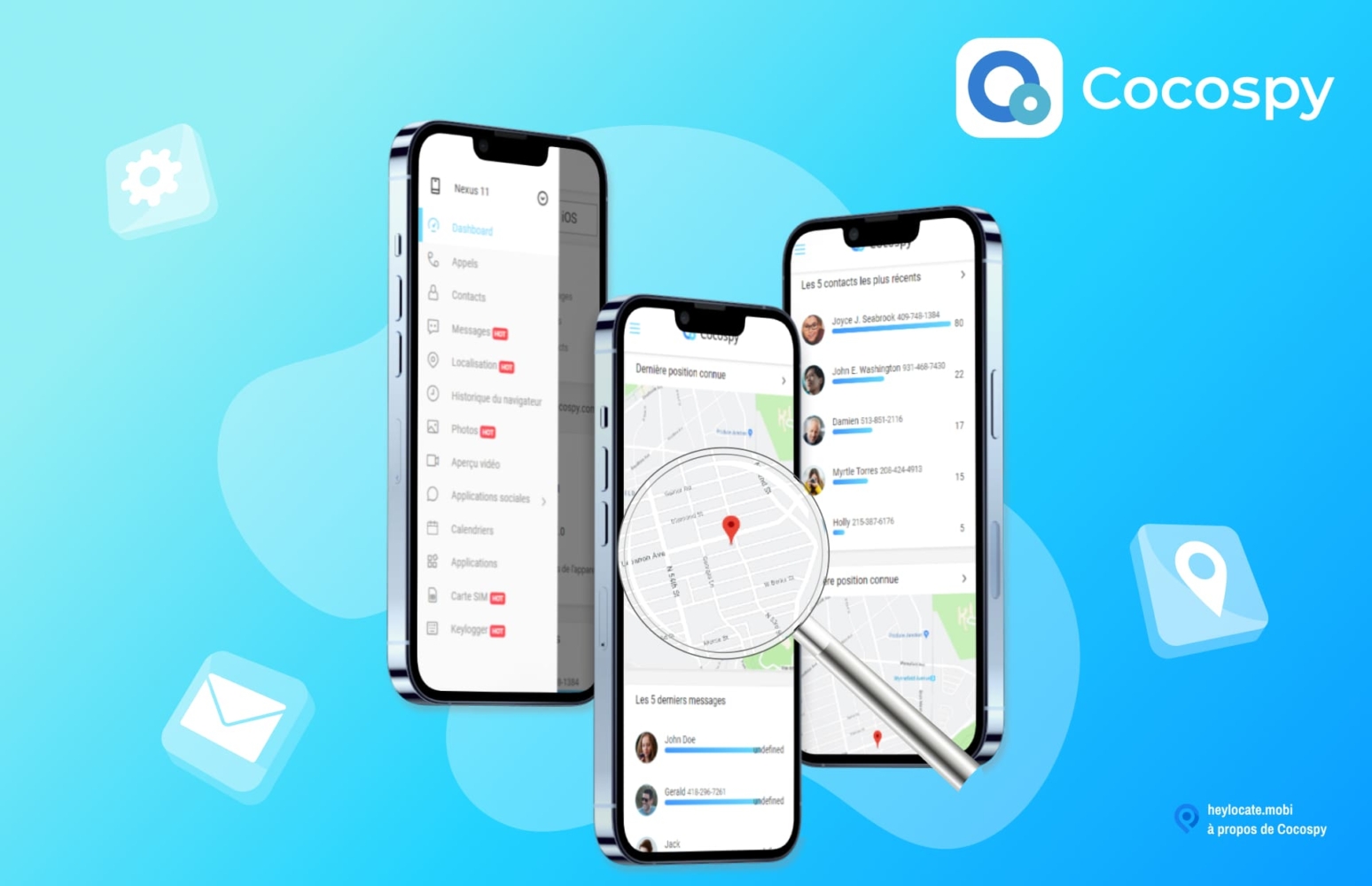 Image promotionnelle de Cocospy montrant l'interface de l'application sur les smartphones. L'interface comprend des options telles que les appels, les messages, les emplacements et une carte montrant un emplacement.