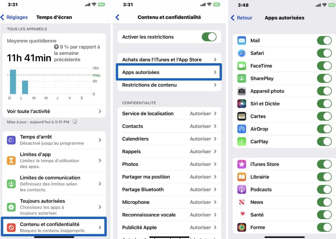 Captures d'écran de l'iPhone avec les étapes à suivre pour bloquer les applications par le biais de restrictions de contenu et de confidentialité