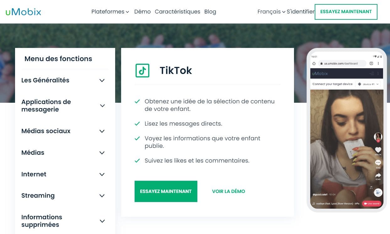 Vue de la page d'information sur l'utilisation de TikTok dans uMobix