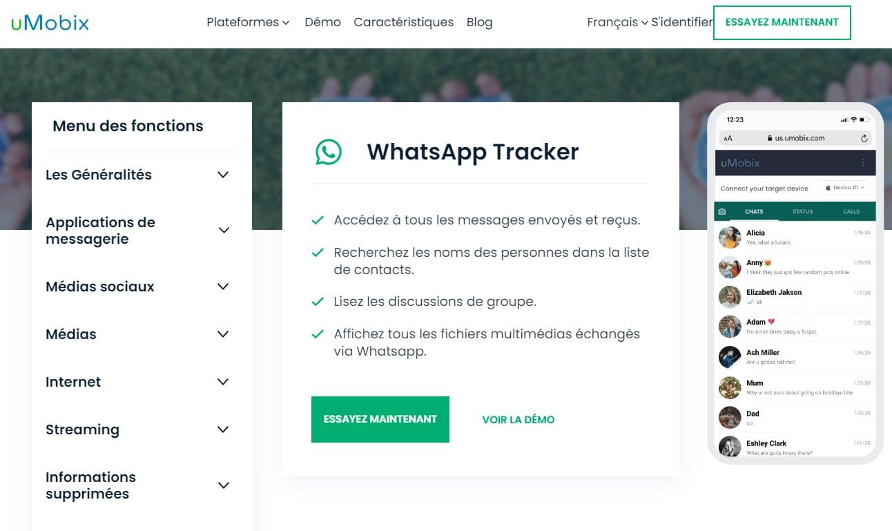 Une image de uMobix WhatsApp tracker sur son site web