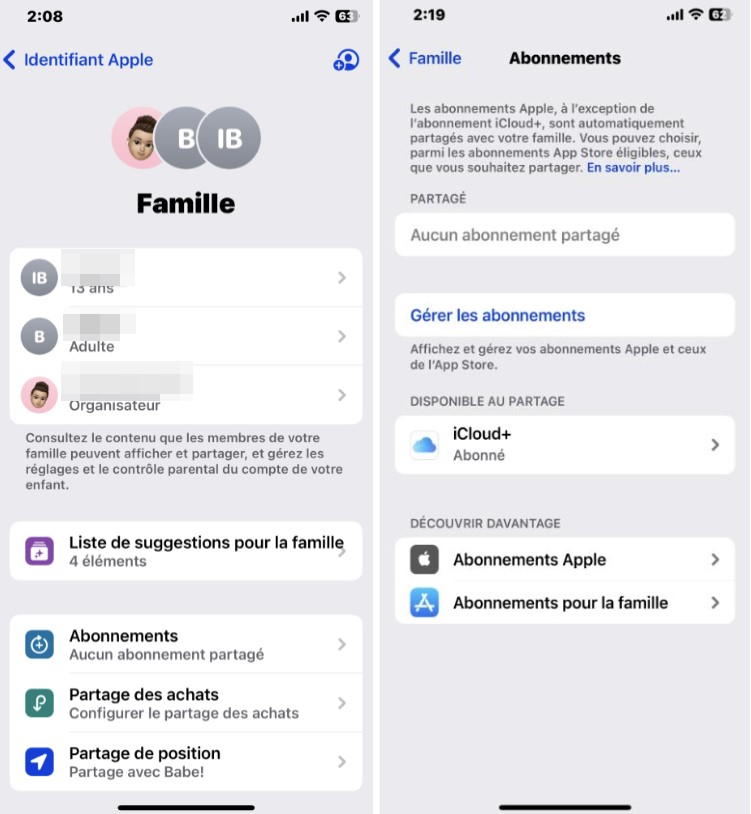 Captures d'écran de l'iPhone avec la fonction d'abonnement partagé sur Apple Partage Familial