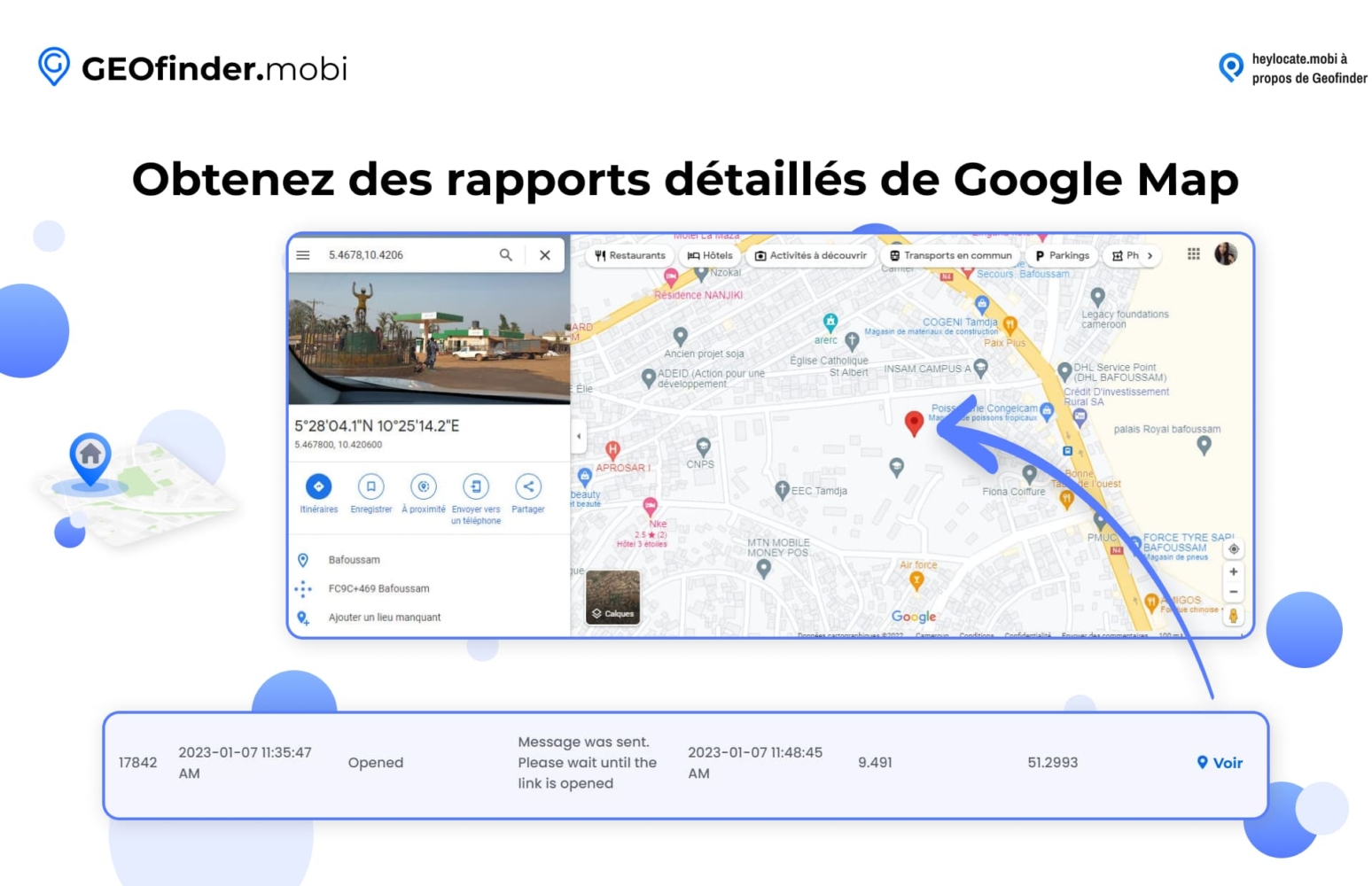 Affichage de la fonction de GEOfinder.mobi permettant d'obtenir des rapports détaillés à partir de Google Maps, montrant une carte et les coordonnées d'un lieu, ainsi qu'une vue détaillée d'une carte mettant en évidence une zone spécifique avec un marqueur de lieu.