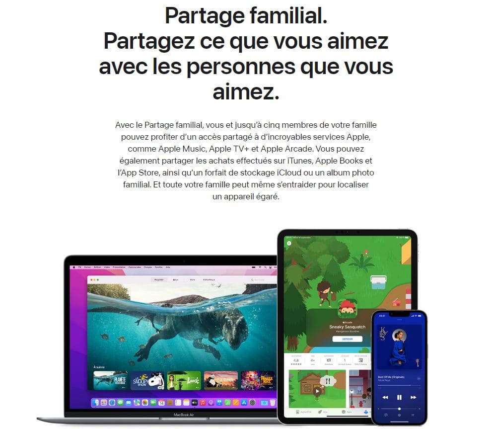 En haut de l'image, on trouve une brève description de l'application Apple Family Sharing, et en bas, une photo d'un ordinateur portable, d'une tablette et d'un téléphone sur lesquels figurent une vidéo, un lecteur de musique et un jeu vidéo