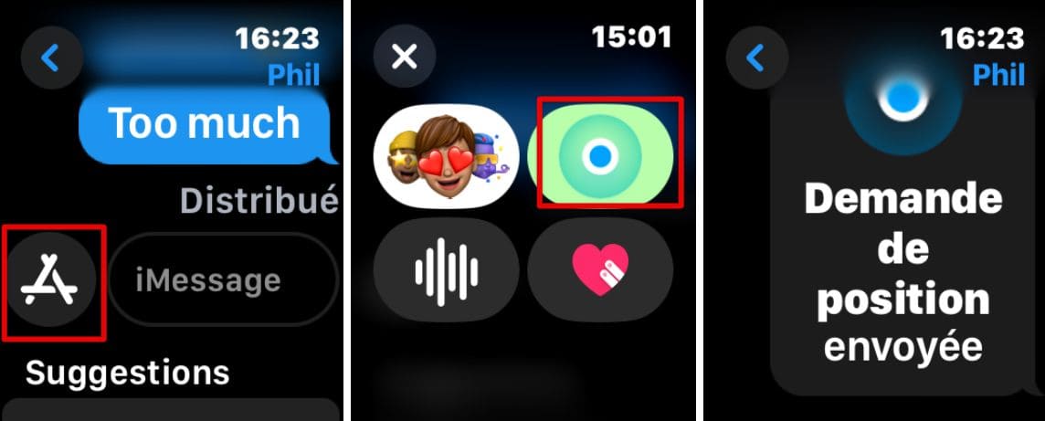 Captures d'écran de l'Apple Watch avec les étapes à suivre pour utiliser iMessage afin de demander la position de quelqu'un