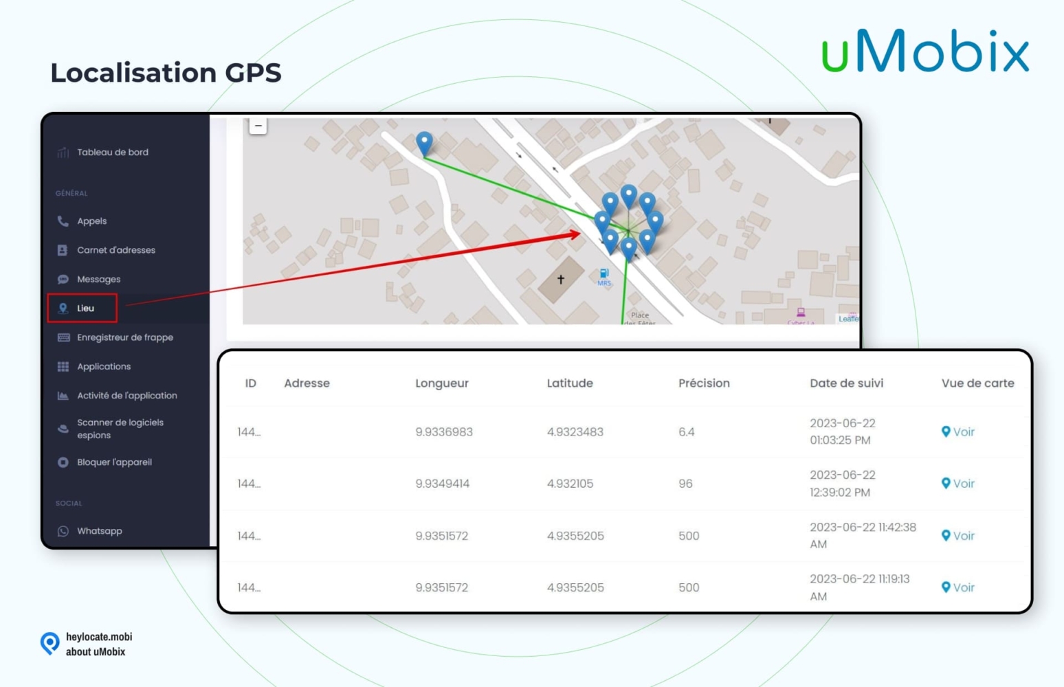 Capture d'écran de la fonction de géolocalisation GPS dans l'interface utilisateur uMobix. Elle montre un panneau de navigation sur la gauche avec l'option "Localisation" en surbrillance. Sur le côté droit, une carte détaillée indique les coordonnées d'un lieu. Sous la carte, il y a un tableau avec des colonnes pour l'ID, l'adresse, la longitude, la latitude, la précision, la date de suivi, et une option pour voir l'emplacement sur la carte, illustrant les capacités précises de suivi de l'emplacement de l'application.