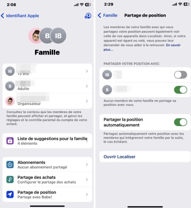 Captures d'écran de l'iPhone avec la fonction de partage de localisation sur Apple Partage Familial
