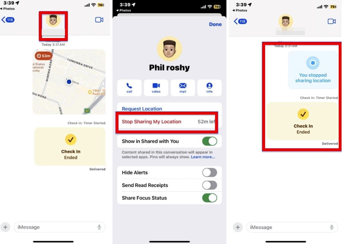 Captures d'écran de l'iPhone avec les étapes pour arrêter le partage de la localisation sur iMessage