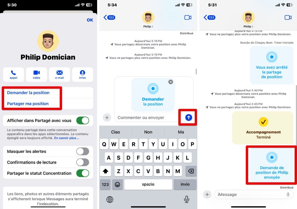 Captures d'écran de l'iPhone avec les étapes pour demander la localisation d'une personne sur iMessage