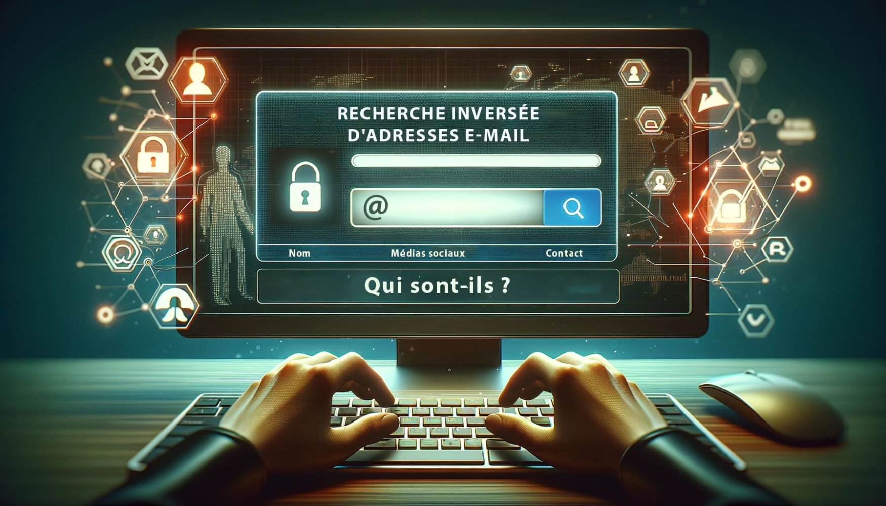 Les mains d'une personne tapant sur le clavier d'un ordinateur portable, avec un écran vibrant affichant une "recherche inversée d'adresses électroniques".