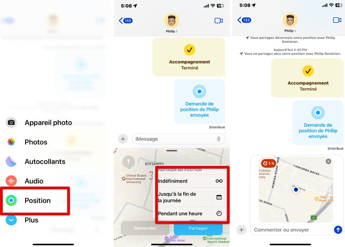 Captures d'écran de l'iPhone avec les étapes pour partager la fonction de localisation sur iMessage
