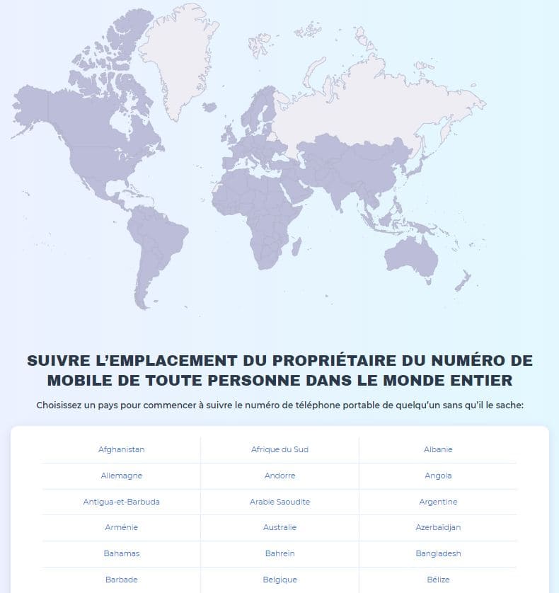 Capture d'écran du site web de HeyLocate avec une carte et une liste de quelques pays permettant de localiser un téléphone dans le monde entier